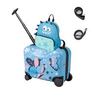 SOARS Juego de Maleta Correpasillos, 40L Trolley con Ruedas Correpasillo, 18" Maleta Niños con Ruedas + 12" Mochila Infantil con Asa y Correas Ajustables, Equipaje para Niños Niñas(Dinosaurio Azul)