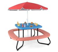 SOARS Juego de mesa de picnic para niños con sombrilla ajustable, bancos para niños de 8 plazas de HDPE y metal con sombrilla, mesa y bancos de comedor para jardín, parque y playa (rojo de verano)