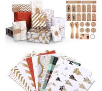 SOBEAU 12 Papel de Regalo Navidad, Papel Envolver Regalo Reciclable Con Hilo de Yute y Tarjeta Regalo, 12 Juegos Diferentes de Oro y Blanco, Papel Regalo Infantil para Cumpleaños, Navidad (70x50cm)