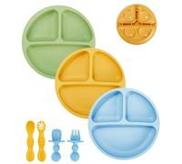 SOBEAU 7 Platos de Silicona para Niños y Bebés, Divididos Estables Con 3 Llanos, 4 Tenedores y Cucharas, Aptos para Lavavajillas y Microondas (Azúl)