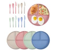SOBEAU Juego de 4 platos llanos de polipropileno saludable, platos separadores, irrompibles, sin BPA (con 4 cuchillos, 4 tenedores y 4 cucharas)