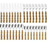 Sobeta Juegos De Cubertería Juego De Vajilla De Acero Inoxidable Con Mango De Bambú Puramente Natural Juego De Cubiertos Juego De Vajilla De 32Uds Color Plateado