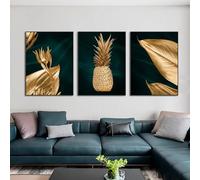SOBMQ Decoración de Pared-Lienzo Abstracto Nórdico Con Hojas Doradas y Piña Dorada Pósteres e Impresiones Modernos Imagen de Pared para Cocina Oficina Decoración del Hogar-(60W*80Lcm)-3pcs Sin marco