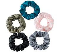 SOBONNY 5 coleteros de seda de morera, 100 % seda, sin daños, para prevenir el encrespamiento y el sueño, accesorios para el cabello para mujeres (azul pavo real, gris metálico, verde militar, negro