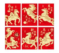 Sobre rojo chino - Lote de 6 bolsas con diseño de caballo - sobres de Navidad con impresión en caliente con texto de bendición de papel 2026, para niños, niñas, adultos, , celebración de