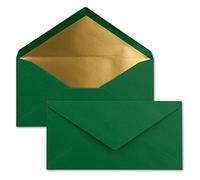 Sobres, 25 unidades, formato DL, 110 x 220 mm, cierre húmedo, color verde oscuro con forro interior dorado metalizado, para festividades/navidades