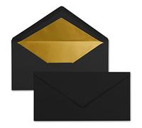 Sobres, 75 unidades, formato DIN largo, 110 x 220 mm, cierre húmedo, color negro con forro interior dorado metalizado, sobres festivos para Navidad