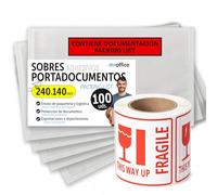 Sobres Portadocumentos Adhesivos, 240x140mm, Packing List, Sobres Transparentes para Envíos, Facturas, Albaranes y Documentación, Resistente al Agua y Fuerte Adhesión - m-office (100uds+Rollo Frágil)