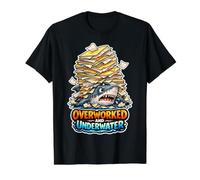 Sobretrabajado y bajo el Agua Empleo Divertido Amante de los Tiburones Camiseta gráfica económica, Hombre, Negro, L