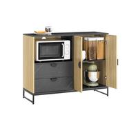 SoBuy aparador de cocina y salón - mueble auxiliar de cocina con hueco para microondas (Ø6 cm) y portacopas, puerta con lamas, estante regulable patas metálicas altas roble/negro 107×40×85 cm FSB103-N