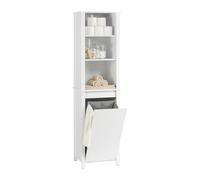 SoBuy Armario Baño Alto con Cesta de Ropa - Mueble Columna Estrecho con Bolsa de Ropa Plegable, Mueble Auxiliar de Baño de Madera, Estante Ahorrador de Espacio, Blanco, 45x171x35cm, BZR102-W