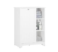 SoBuy Armario de Baño con Cesta de Lavandería - Mueble de Baño con 3 Estantes - Armario Ahorra Espacio de Madera para Espacios Pequeños, Blanco, 60x86x37cm, BZR105-W