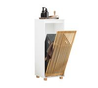 SoBuy Armario de Baño con Cesto para Ropa - Mueble Compacto con Bolsa de Lavandería, Ahorraespacio - Armario para Ropa Sucia para Baño, Aseo de MDF y Bambú, Blanco-Natural, 32x85x33cm, BZR126-W
