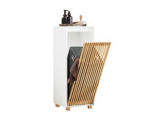 SoBuy Armario de Baño con Cesto para Ropa - Mueble Compacto con Bolsa de Lavandería, Ahorraespacio - Armario para Ropa Sucia para Baño, Aseo de MDF y Bambú, Blanco-Natural, 32x85x33cm, BZR126-W