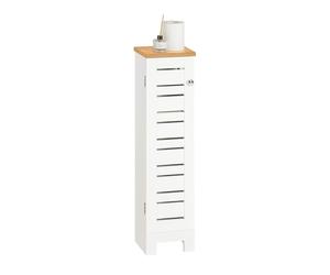 SoBuy Armario de Baño Estrecho - Estante de Baño de Madera - Soporte para Papel Higiénico, Mueble Auxiliar Multifuncional en Madera, Resistente a la Humedad, Blanco-Natural, 20x75x18cm, BZR85-W