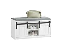 SoBuy Banco Zapatero Bequeño con Puerta Corrediza de Granero Armario Multifuncional de Asiento para Entrada con 2 Estantes de Almacenamiento Blanco 90 x 35 x 46 cm FSR133-K-W ES