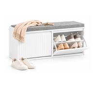 SoBuy Banco Zapatero con 2 Puertas Abatibles, 100×46×26 cm, Blanco | Banco recibidor para unos 8 pares, asiento amplio, cojín desenfundable y lavable y protectores de fieltro antirrayaduras.