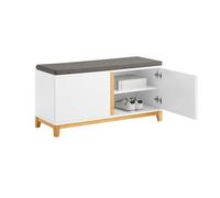 SoBuy Banco Zapatero con Asiento - Banco Almacenaje con 2 Puertas y Estantes Ajustables - Ideal para Recibidor, Entrada o Dormitorio - Cojín Acolchado, MDF Bambú 90x34x46cm - FSR117-W