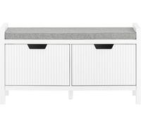 SoBuy FSR146-W Banco Zapatero con 2 Puertas con Rayas Verticales Armario Multifuncional para Entrada con Acolchado Cojín 91 x 30 x 50 cm Blanco ES