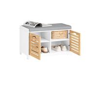 SoBuy Banco Zapatero con Asiento, Banco Almacenaje con 2 Puertas y Cojín Acolchado - Banco Entrada Recibidor, Blanco+Natural, 71 x 35 x 43 cm, Soporta 133kg - FSR23-II-WN