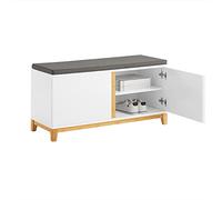 SoBuy Banco Zapatero con Asiento - Banco Almacenaje con 2 Puertas y Estantes Ajustables - Ideal para Recibidor, Entrada o Dormitorio - Cojín Acolchado, MDF Bambú 90x34x46cm - FSR117-W