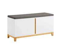 SoBuy Banco Zapatero con Asiento - Banco Almacenaje con 2 Puertas y Estantes Ajustables - Ideal para Recibidor, Entrada o Dormitorio - Cojín Acolchado, MDF Bambú 90x34x46cm - FSR117-W