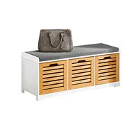 SoBuy Banco Zapatero con Asiento, Banco Almacenaje con 3 Cubos y Cojín Acolchado - Banco Entrada Recibidor Natural y Blanco, 105 x 35 x 43 cm, Soporta 150kg - FSR23-WN