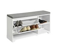 SoBuy Banco Zapatero con Tapa abatible 90x24x46cm para recibidor | Zapatero estrecho con 2 compartimentos abiertos, MDF E1, cojín amovible, blanco FSR119-W