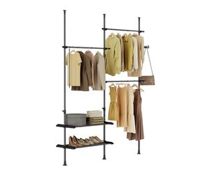 SoBuy barra telescópica perchero con estantes, dormitorio | Armario abierto ajustable para ropa, perchero resistente para vestidor y dormitorio, diseño negro, FRG34-II-SCH
