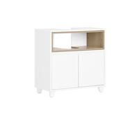 SoBuy Mueble Bajo Lavabo con Pie con Puerta y 2 Estantes - Armario Baño Auxiliar Resistente a la Humedad, Diseño Blanco y Madera, Mueble Lavabo Baño 60x30x61 cm, BZR148-W