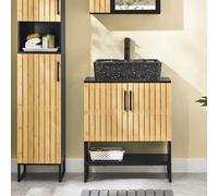 SoBuy BZR202-SCH lavabo bajo armario 60 cm de ancho con puerta de bambú y patas de metal regulable en altura para baños pequeños inodoro para invitados NATURE