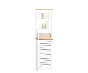 SoBuy BZR43-W Armario Alto de baño, con 3 Compartimentos Abiertos y Puerta de láminas, Mueble de baño, Blanco/Natural, Aprox. 40 x 160 x 30 cm