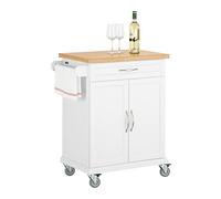SoBuy Carrito Auxiliar con Ruedas - Carrito de Cocina con Encimera de Bambú, Mueble Auxiliar de Cocina con Cajón y Armario, Mesa Auxiliar Cocina o Isla Cocina 84x46x91 cm FKW13-II-WN
