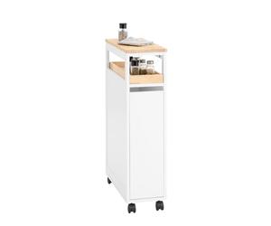 SoBuy Carrito Auxiliar con Ruedas de 20 cm de Ancho Carro Cocina con Estantería, Bandeja de Madera y Cajón Doble, Mueble Estrecho Organizador para Baño, Cocina, Oficina o Despensa 51×20×79 cm NSR11-WN