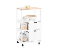SoBuy Carrito Auxiliar con Ruedas para Espacios Pequeños, Mueble Auxiliar de Cocina con Cajones, Isla de Cocina con Ruedas, Carrito de Cocina con 3 Estantes Estilo Moderno Blanco 53x37x89 cm FKW111-WN