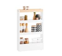 SoBuy Carrito Auxiliar de Cocina con Ruedas, Estantería Estrecha 15cm de Ancho, Carrito Organizador para Cocina, Baño o Oficina, con 3 Baldas y Asas - Blanco y Madera Natural, 80x50x15cm NSR12-W
