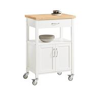 SoBuy Carrito Cocina con Ruedas y Encimera de Madera Mueble Auxiliar con Cajón, Estantería y Armario de Doble Puerta Carro de Cocina Organizador para Cocina o Dormitorio, Blanco 60x92x45cm FKW22-WN