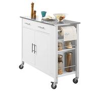 SoBuy Carrito de Cocina con Piso de Acero Inoxidable, Mueble de Almacenaje Multifuncional con Ruedas, Buffet con Estante Lateral, Isla de Cocina, Carro de Cocina, Mueble Auxiliar 107x46x94 cm FKW108-W