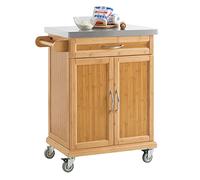SoBuy Carrito de Cocina con Ruedas, Mesa Auxiliar con encimera de Acero Inoxidable, Mueble Auxiliar de Cocina de bambú, Isla de Cocina con cajones - 66x92x46 cm, FKW13-N