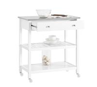 SoBuy Carrito de Cocina con Ruedas - Mesa Auxiliar con Encimera de Acero Inoxidable y Estantes Abiertos, Carrito de Servicio para Cocina, Hogar u Exterior, Blanco, 81x90x45cm FKW47-II-W