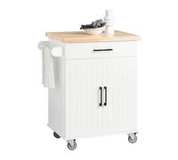 SoBuy Carrito de Cocina con Ruedas, Mesa Auxiliar con encimera de Madera de Caucho, Mueble Auxiliar de Cocina de MDF, Isla de Cocina con cajones - 74x91x46 cm, FKW119-WN