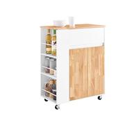 SoBuy Carrito de Cocina sobre Ruedas, Isla de Cocina con Encimera de Madera de Caucho, Mueble Auxiliar de Cocina con Ruedas, Unidades de Cocina Independientes 70 x 40 x 90 cm Blanco FKW132-WN