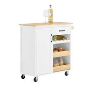 SoBuy Carrito de Cocina sobre Ruedas, Isla de Cocina con Encimera de Madera de Caucho, Mueble Auxiliar de Cocina con Ruedas, Unidades de Cocina Independientes 92 x 42 x 87 cm Blanco FKW131-WN