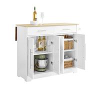 SoBuy Carro de Cocina con Ruedas - Isla de Cocina Rodante con Encimera Extensible, 2 Cajones y Estantes Ajustables - Mueble Auxiliar de Almacenamiento para Cocina, Blanco 113x91x(44-69) cm FKW129-WN