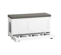 SoBuy Casa para Gatos con Asiento 90x36x44cm para recibidor | Banco almacenamiento con 3 cuencos y cueva para gato, MDF E1, ruedas con freno, carga 150kg FSR136-W