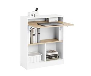 SoBuy Escritorio Plegable con 3 Estantes de Almacenaje Mesa Escritorio Standing Desk con Almacenaje Mesa Gaming para Ordenador Estudio o Dormitorio Blanco y Natural 70x57x85 cm FWT104-WN