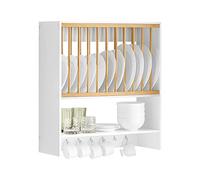 SoBuy KCR09-W Soporte para platos para 11 platos, estante de pared con 7 ganchos de metal, soporte para platos, estante de cocina con un peine BLANCO