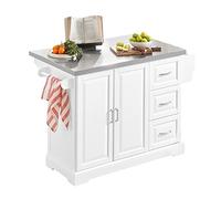 SoBuy Isla de Cocina, encimera INOX antihuellas Extensible, 130×46-71×91 cm | Carrito de cocina con ruedas, 3 cajones y almacenaje, para cocinas pequeñas y comedor, Blanco, PB/MDF, FKW41-ST