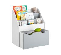 SoBuy Librería Infantil, Estantería Libros Infantil con 3 Baldas y 1 Cajón con Ruedas, Estantería Montessori para Libros y Juguetes, Organizador de Juguetes, Blanco/Gris 62,5x30x70 cm KMB17-HG
