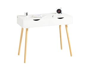 SoBuy Mesa Escritorio con 2 Cajones, Escritorio Pequeño para Ordenador, Mesa de Estudio Compacta, Desk Multifuncional, Blanco y Natural 90x45x77 cm FWT40-WN